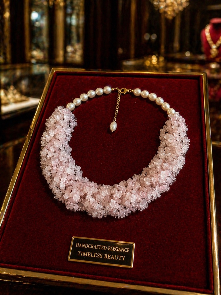 Luxury Designer Rose Quartz And Genuine Pearls 18k Gold Over 925 Silver Necklace